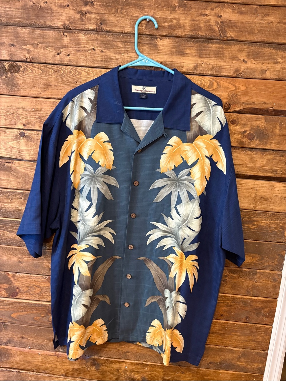Tommy Bahama 100% silk Navy Blue Short-Sleeve Palm Print Button-Up Shirt size XL